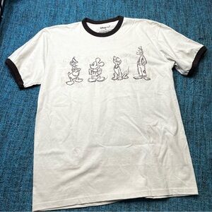 Disney Store Vintage Ringer Tee in Cream Brown Donald Mickey Pluto Goofey Medium